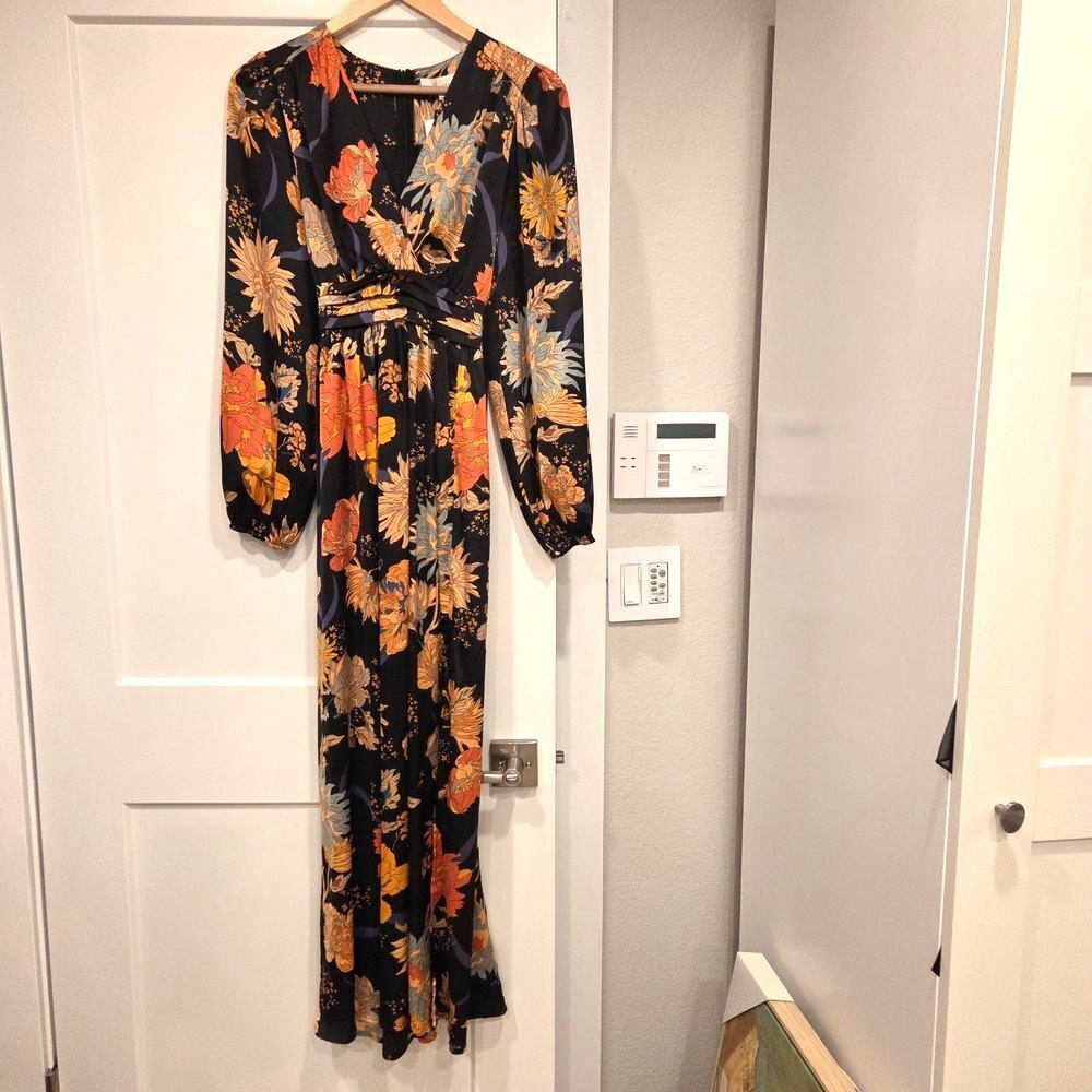 NWT PINCH Abigail Black Floral Fall Print Satin Maxi  Dress Women's Size S